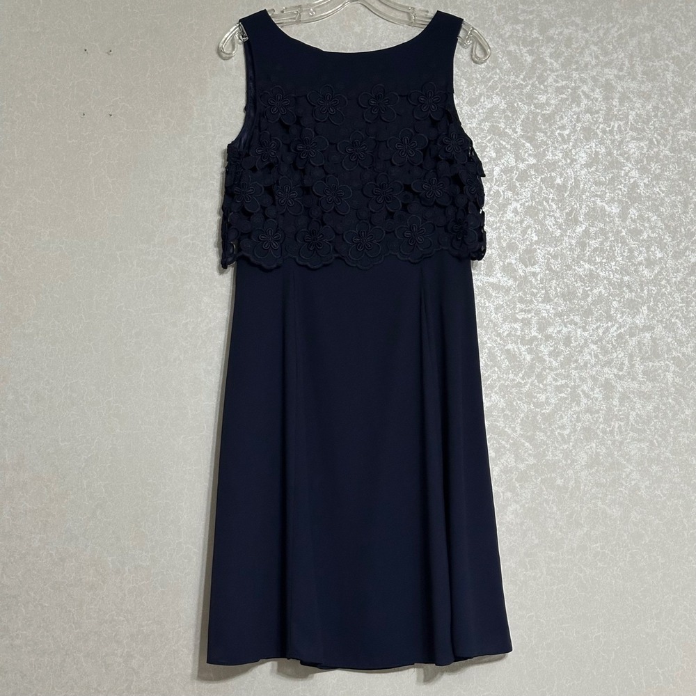 Tahari ASL Solid Navy Blue Floral Overlay Dress Sleeveless A-Line Knee Length 8‎